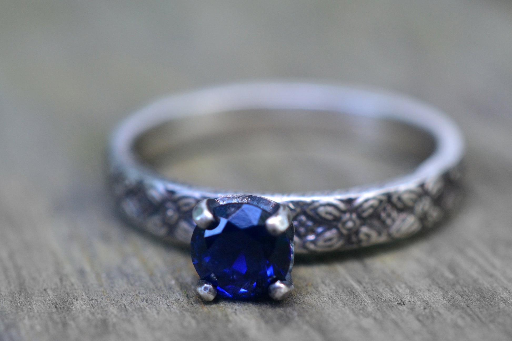 Blue Sapphire Engagement Ring in Oxidised Silver