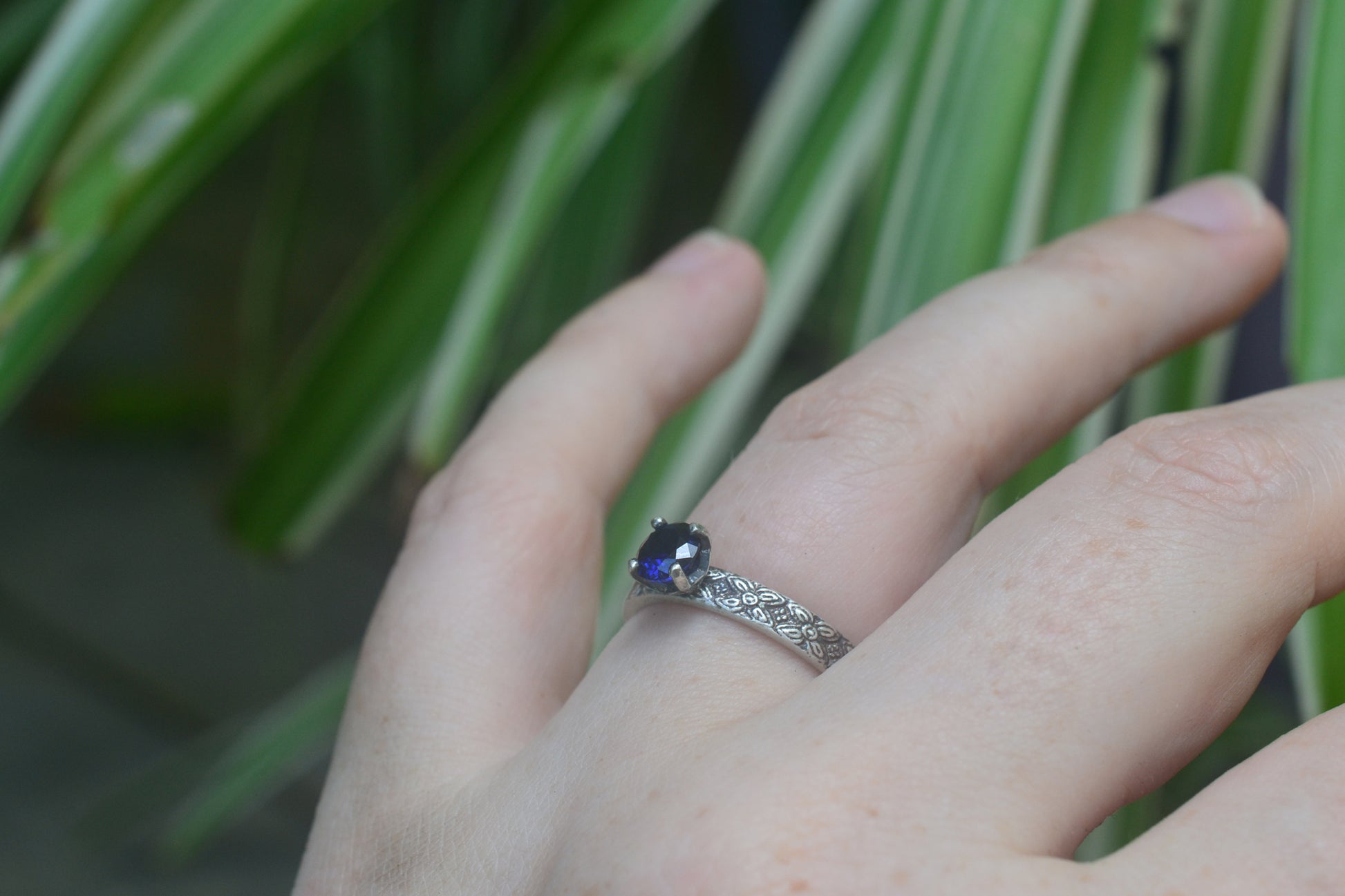 Medieval Inspired Floral Poesy Ring With Blue Sapphire