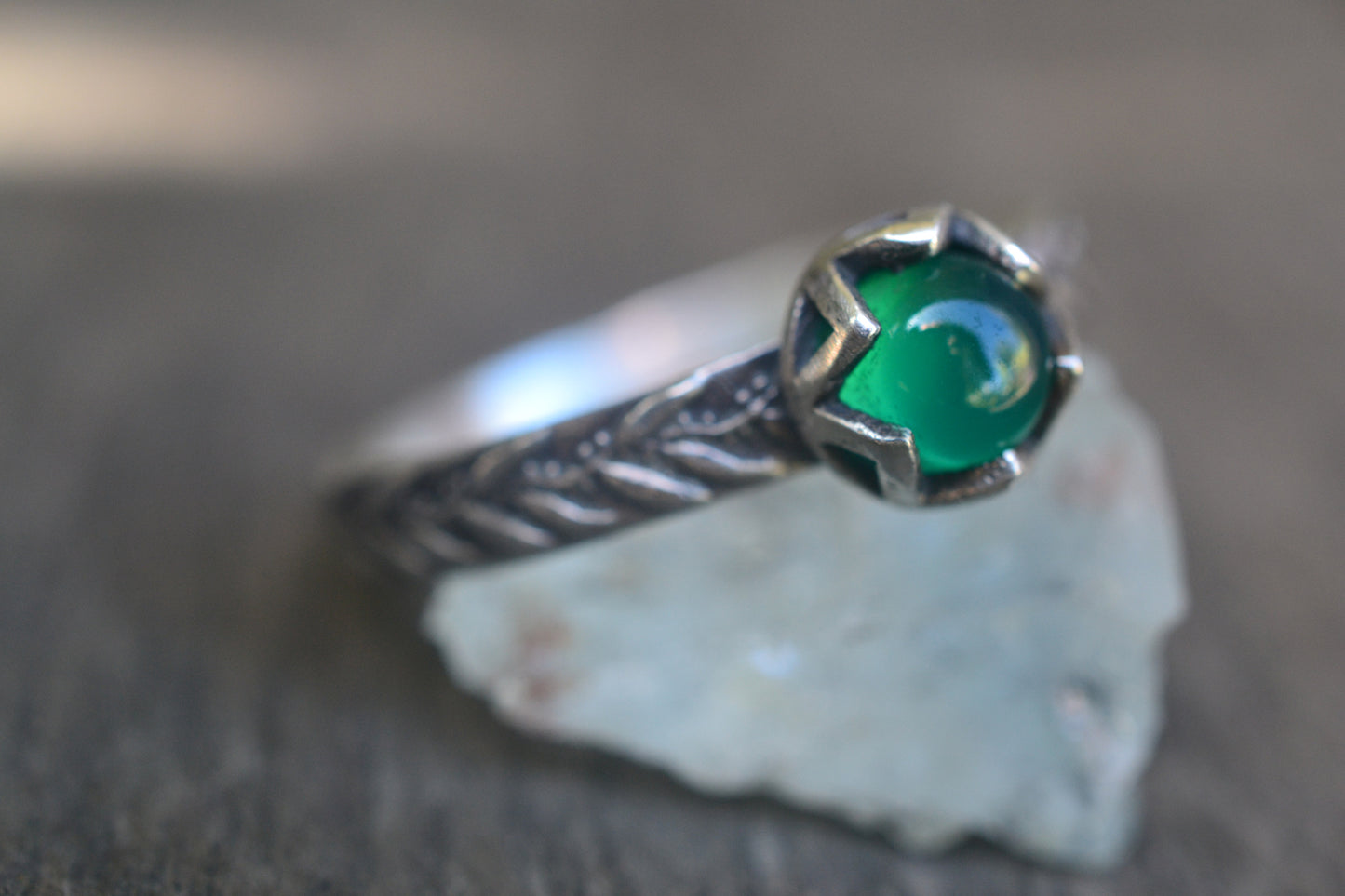 Lab Created Emerald & Silver Eucalyptus Ring