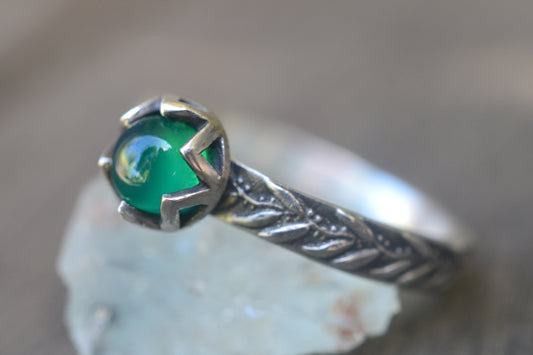 Oxidised Silver Gum Leaf & Emerald Ring