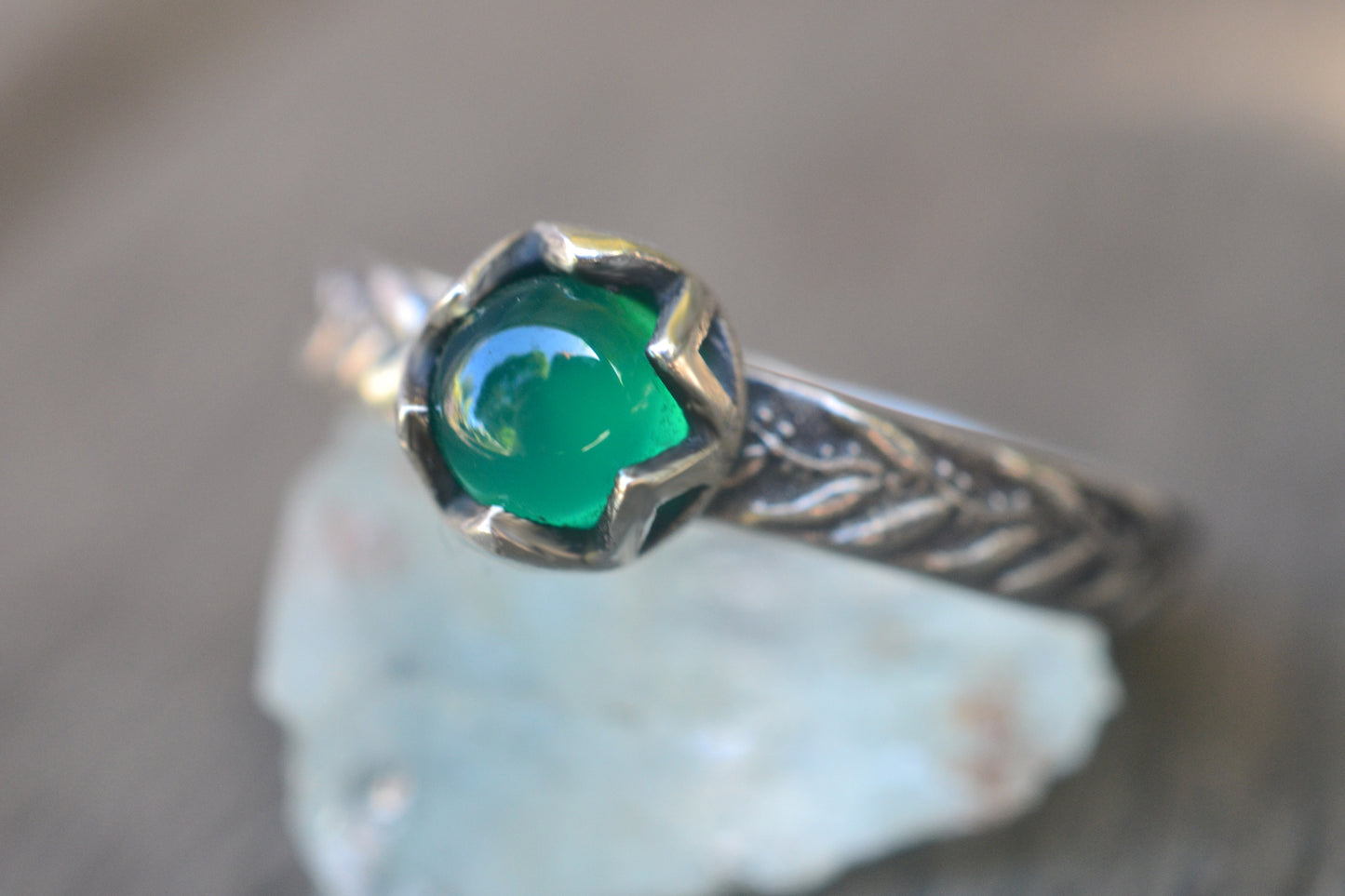 Emerald Stack Ring With Eucalyptus Leaf Pattern