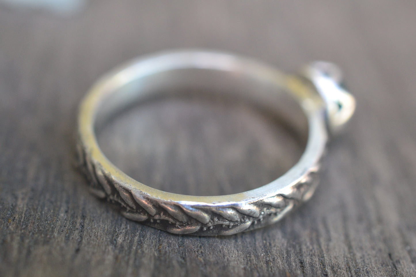 Oxidised Silver Gum Leaf Ring with 5mm Stone