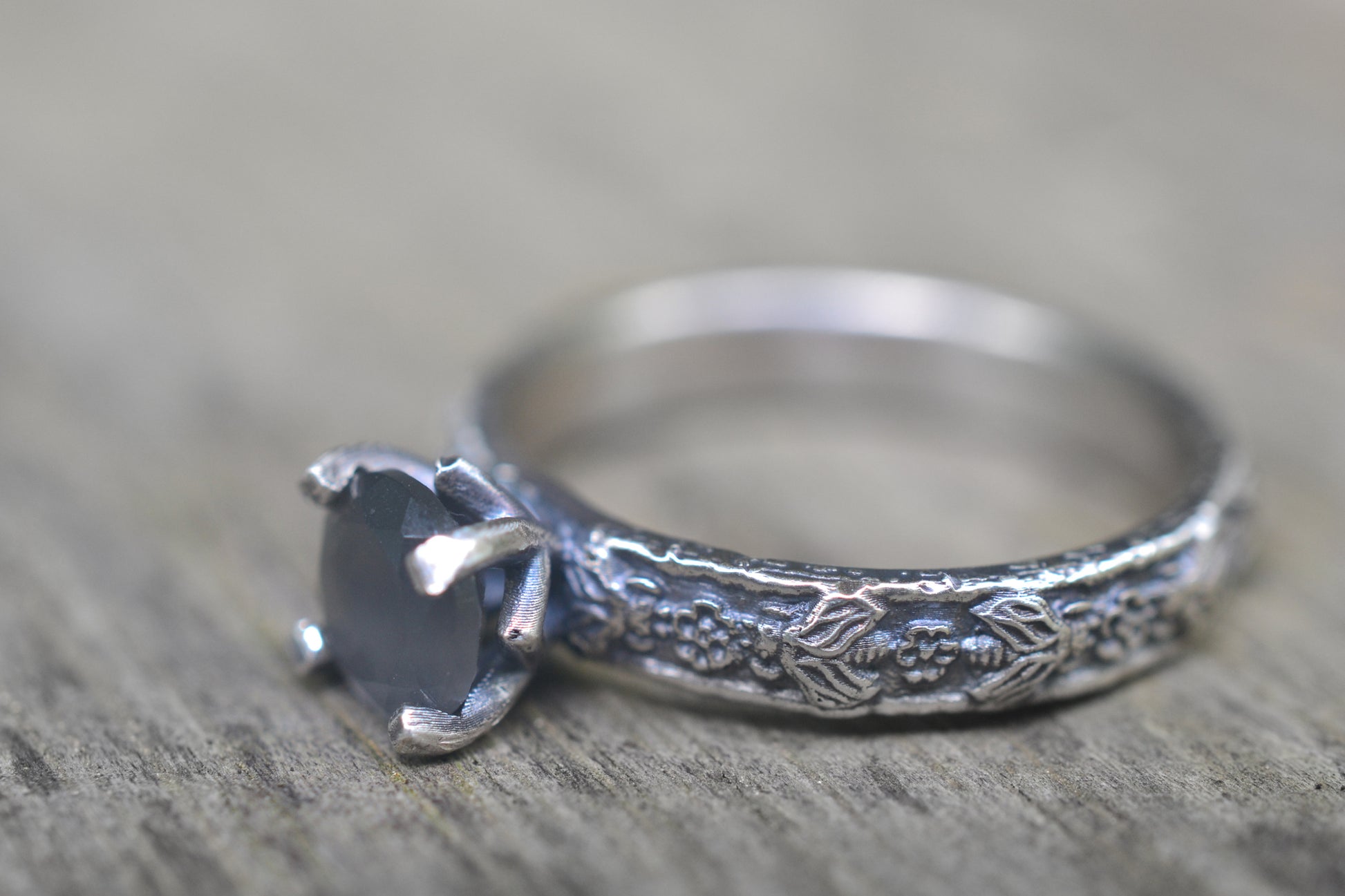 Silver Rose And Bee Ring With 6mm Grey Moonstone