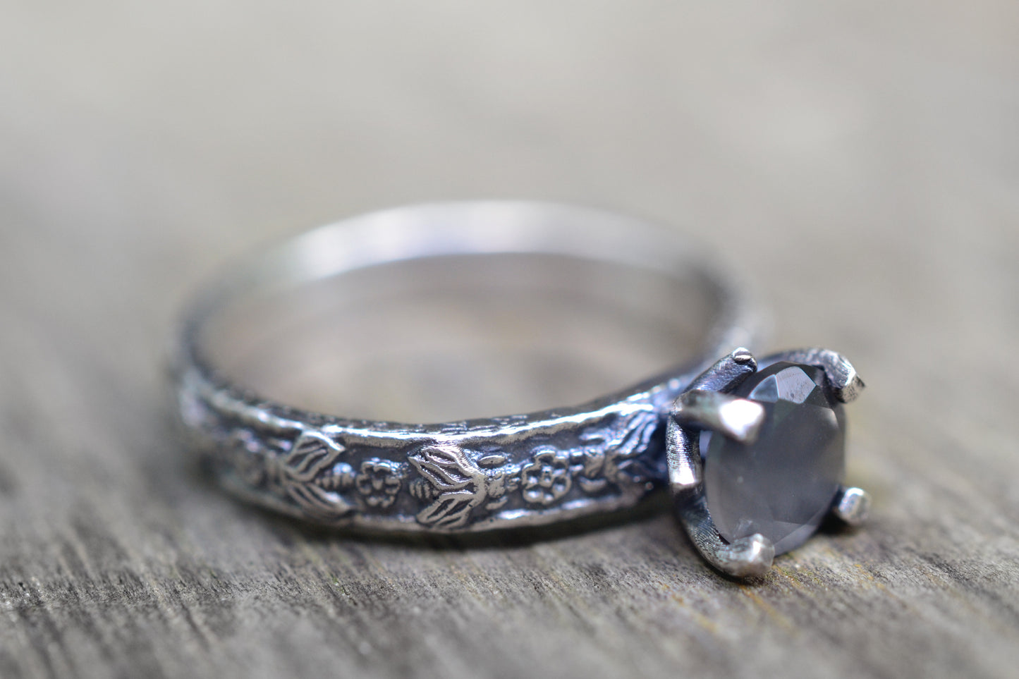Carved Silver Bee Ring With 6mm Grey Stone
