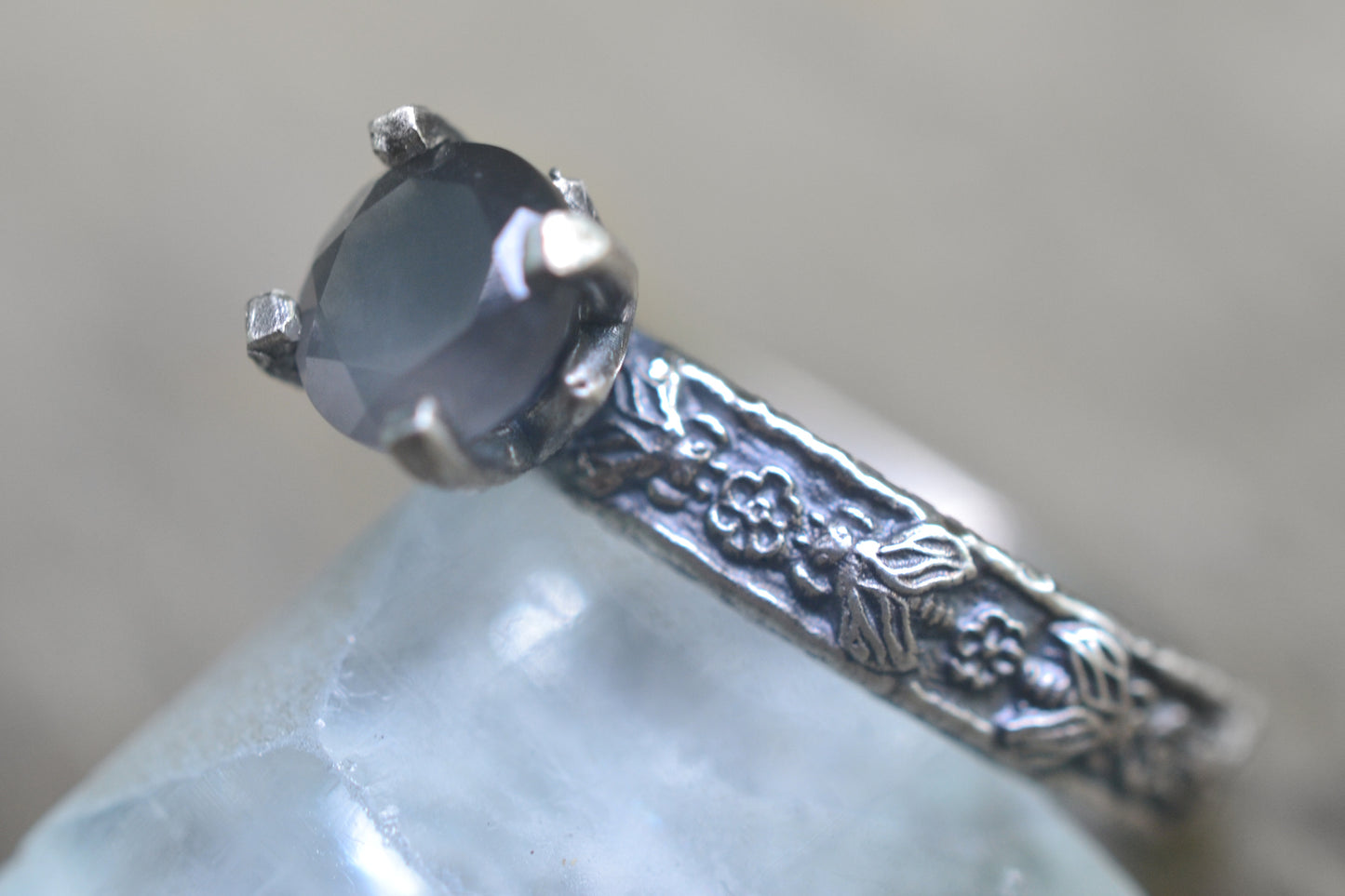 Natural Grey Moonstone Ring With Bee Pattern