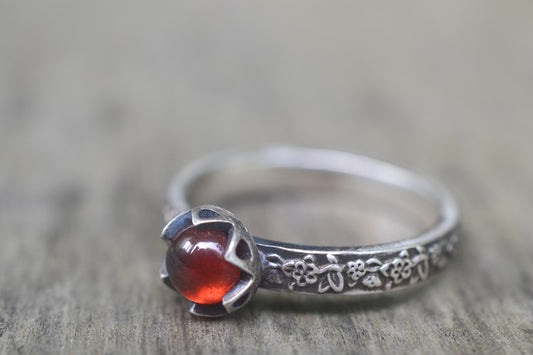 Oxidised Silver Rose Leaf Garnet Ring