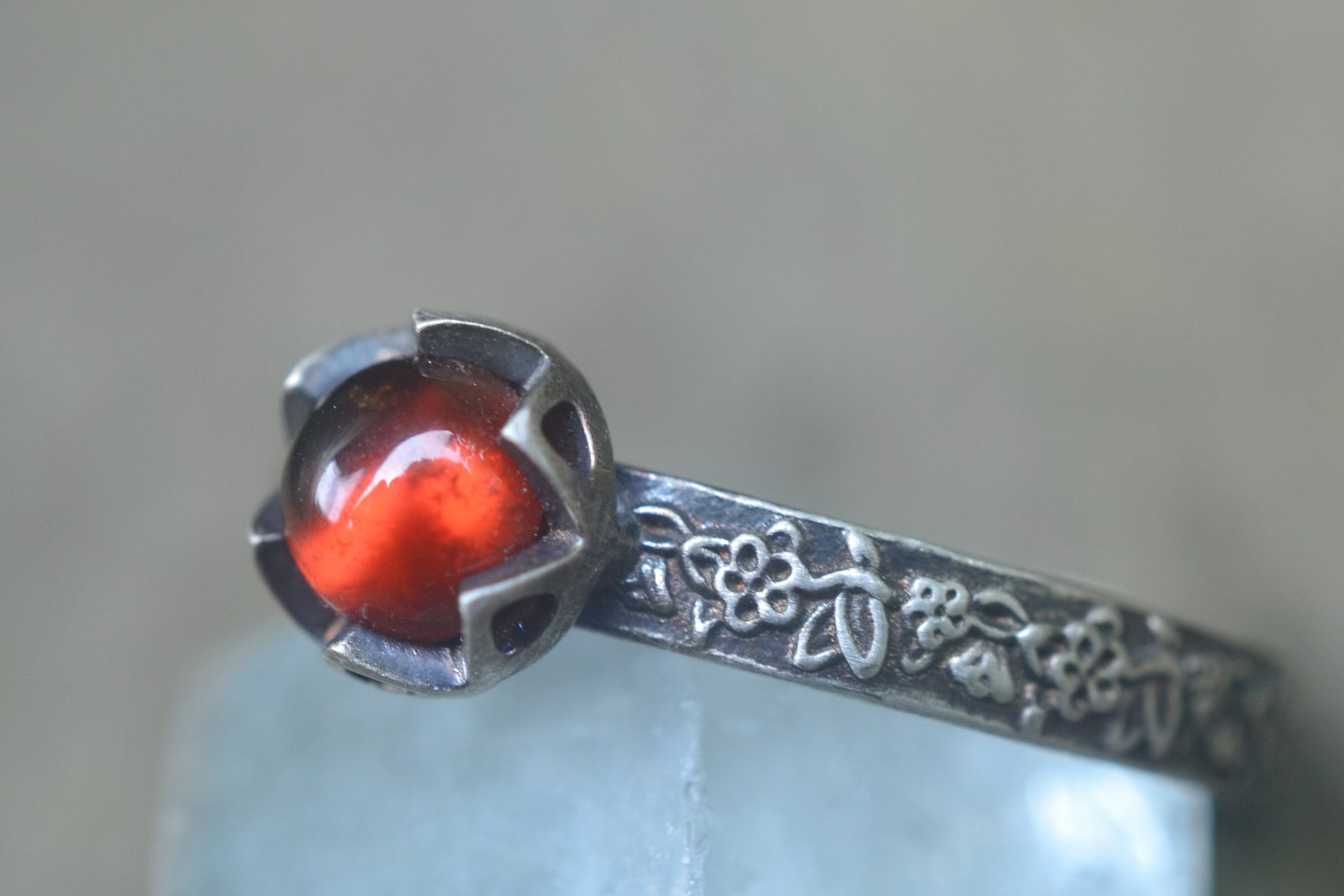 Gothic Garnet Rose Leaf Engagement Ring