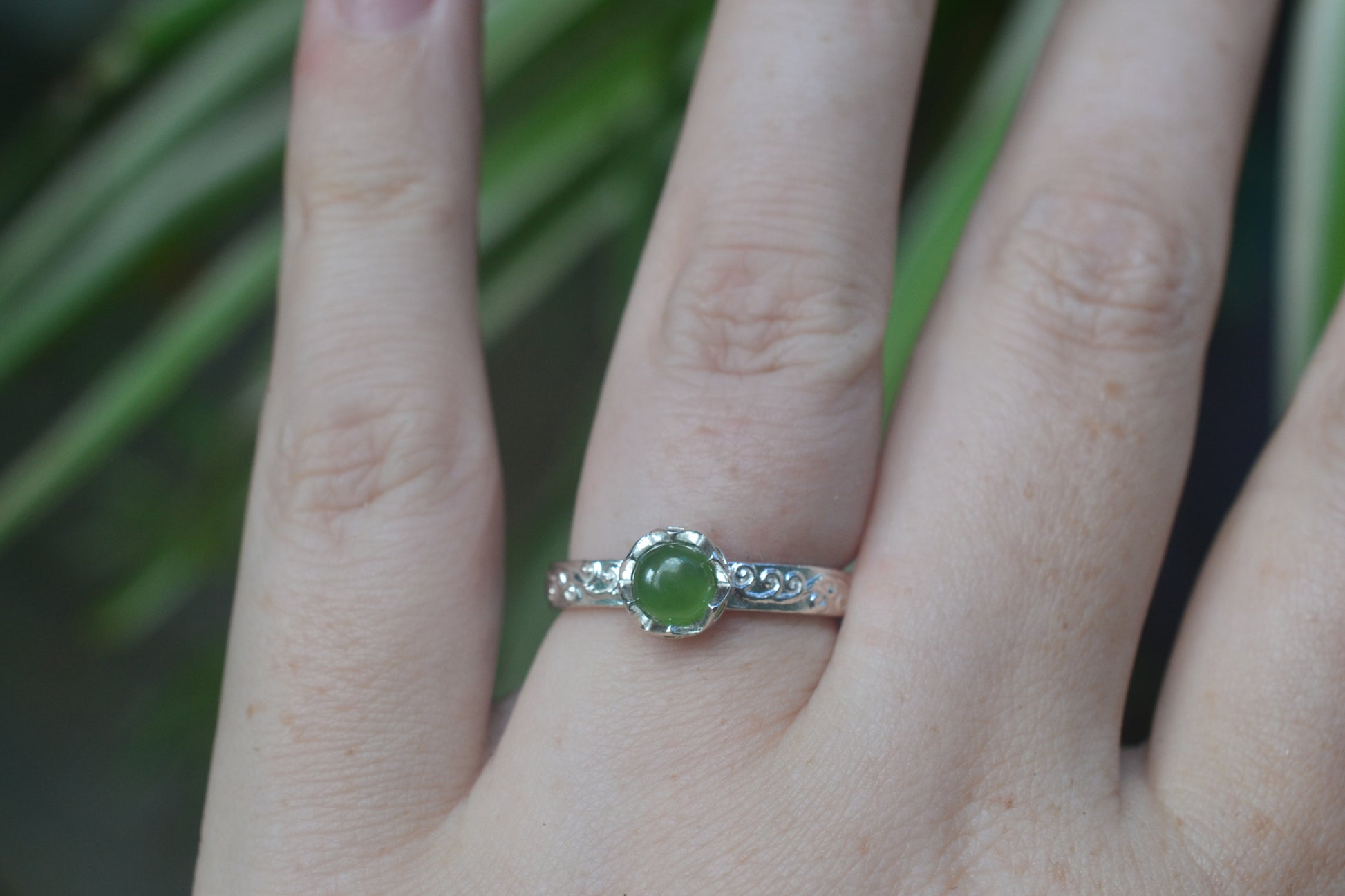 Bezel Set Jade Promise Ring With Swirl Pattern