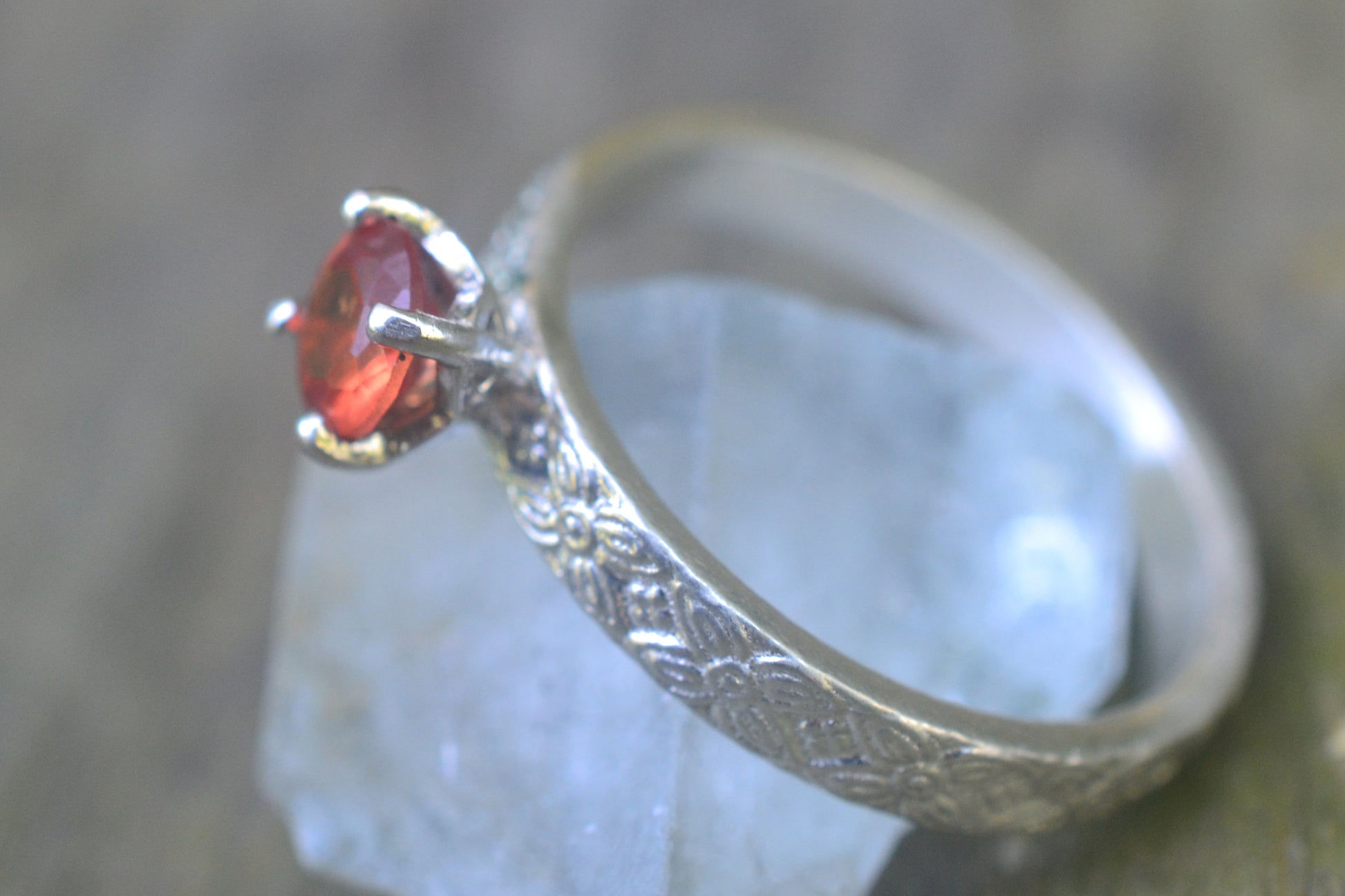 Medieval Inspired Floral Poesy Ring With Orange Sapphire