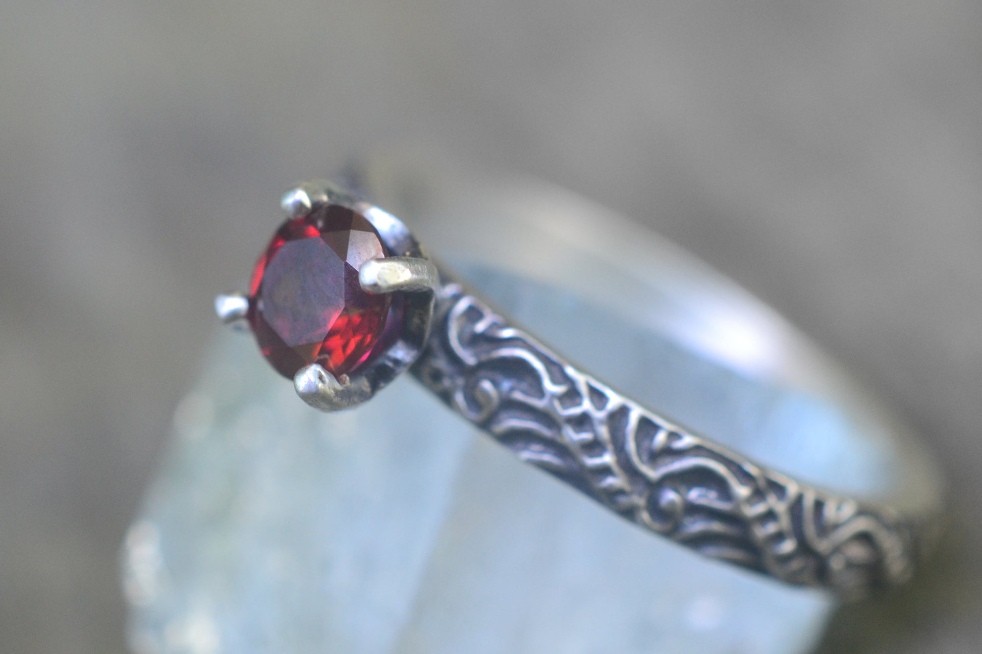 Red Topaz Engagement Ring in Oxidised Silver