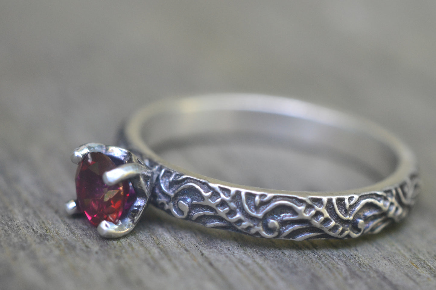Womens Oxidised Silver Baroque Red Topaz Ring