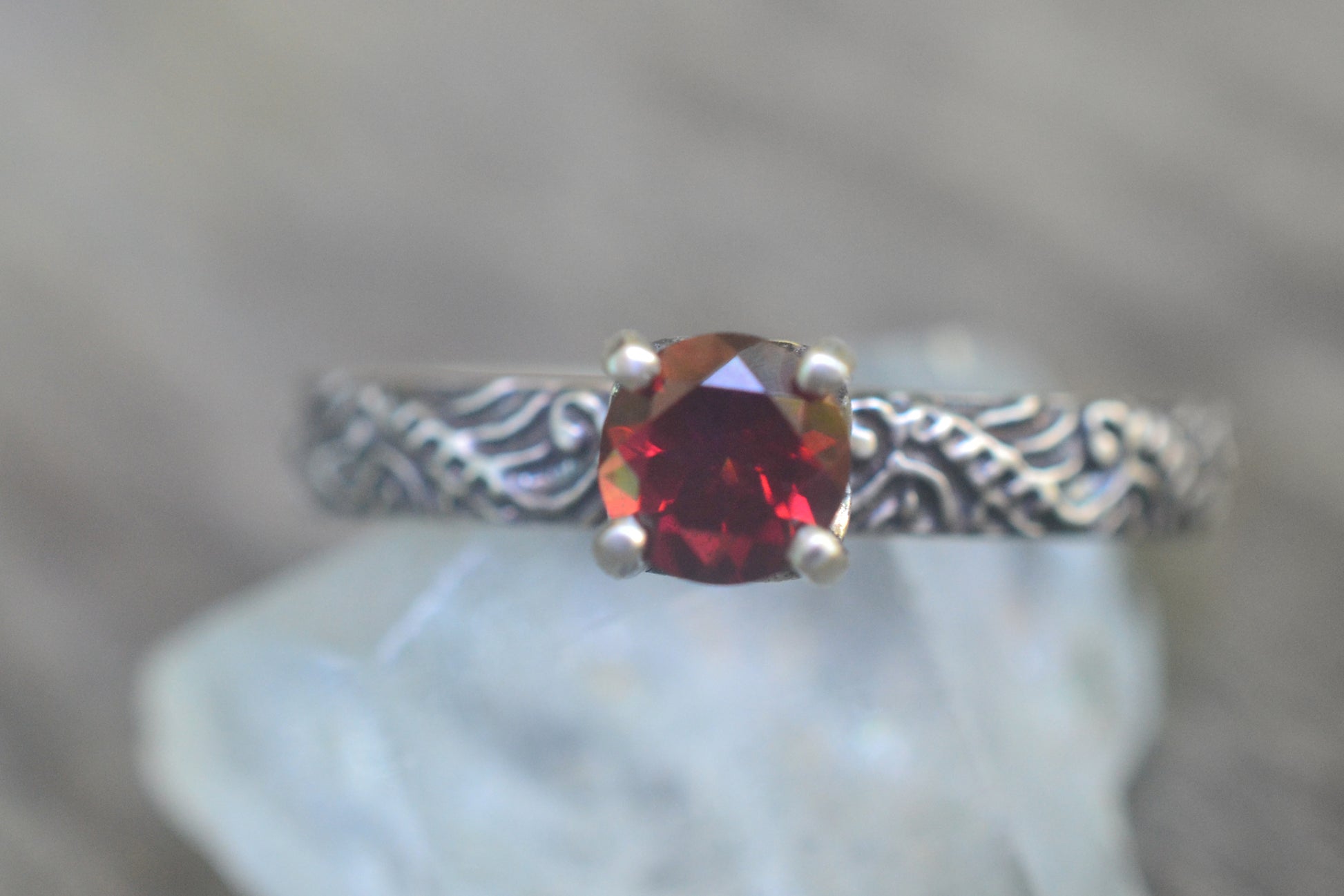 Red Peony Topaz Ring in Oxidised Baroque Style Silver
