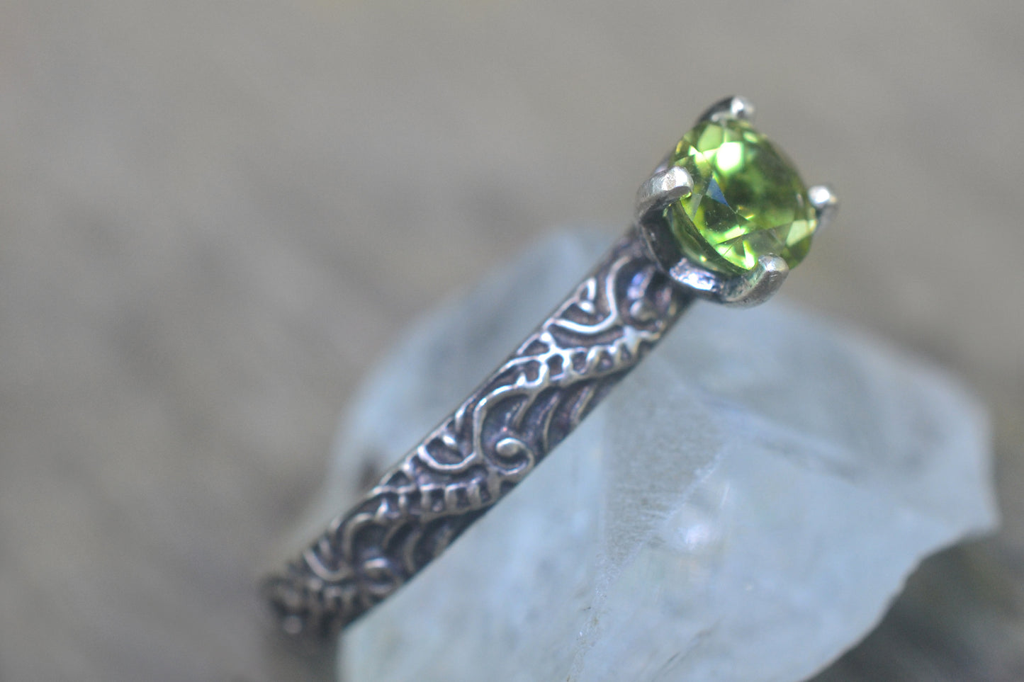 Oxidised Silver Baroque Ring With Green Gem