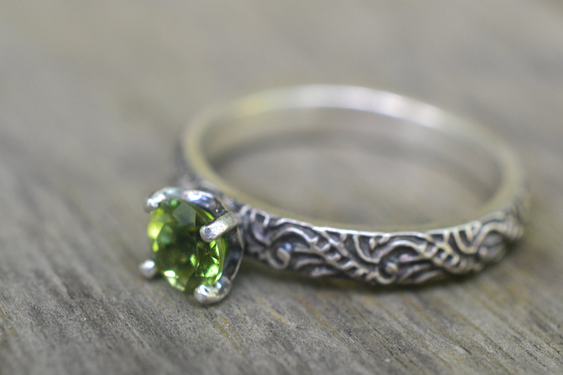Natural Peridot Engagement Ring in Oxidised Silver