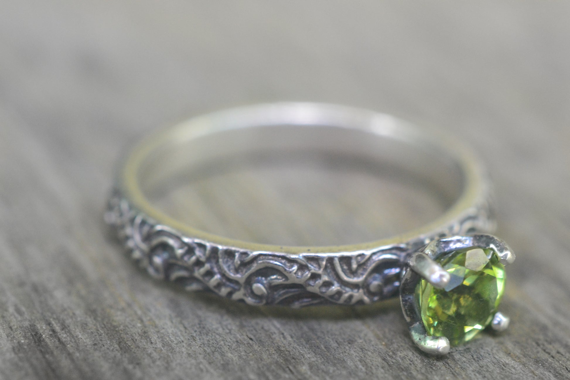Green Peridot Crystal Engagement Ring in Silver