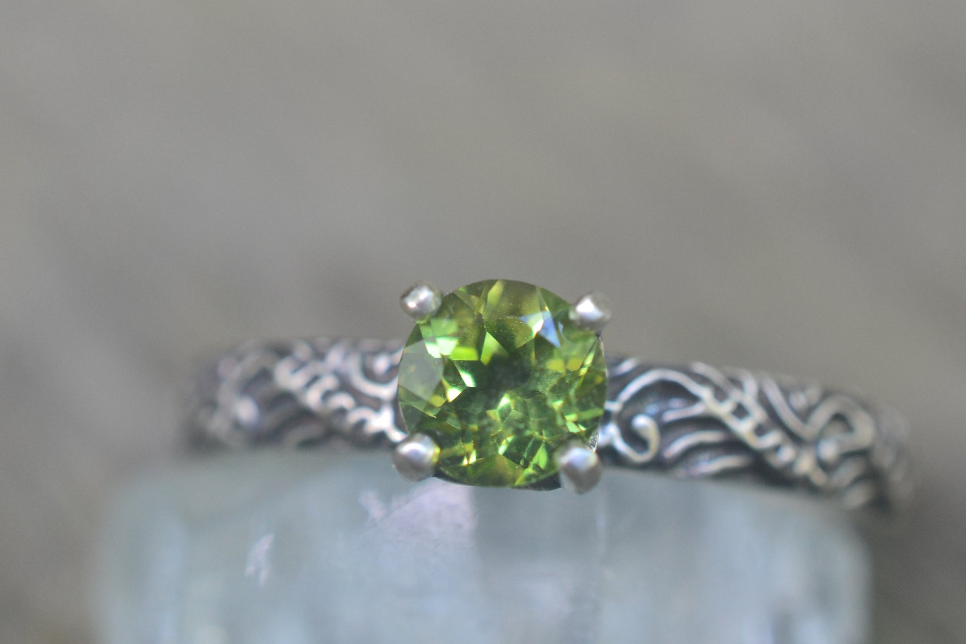Natural Peridot Solitaire Ring in Oxidised Silver