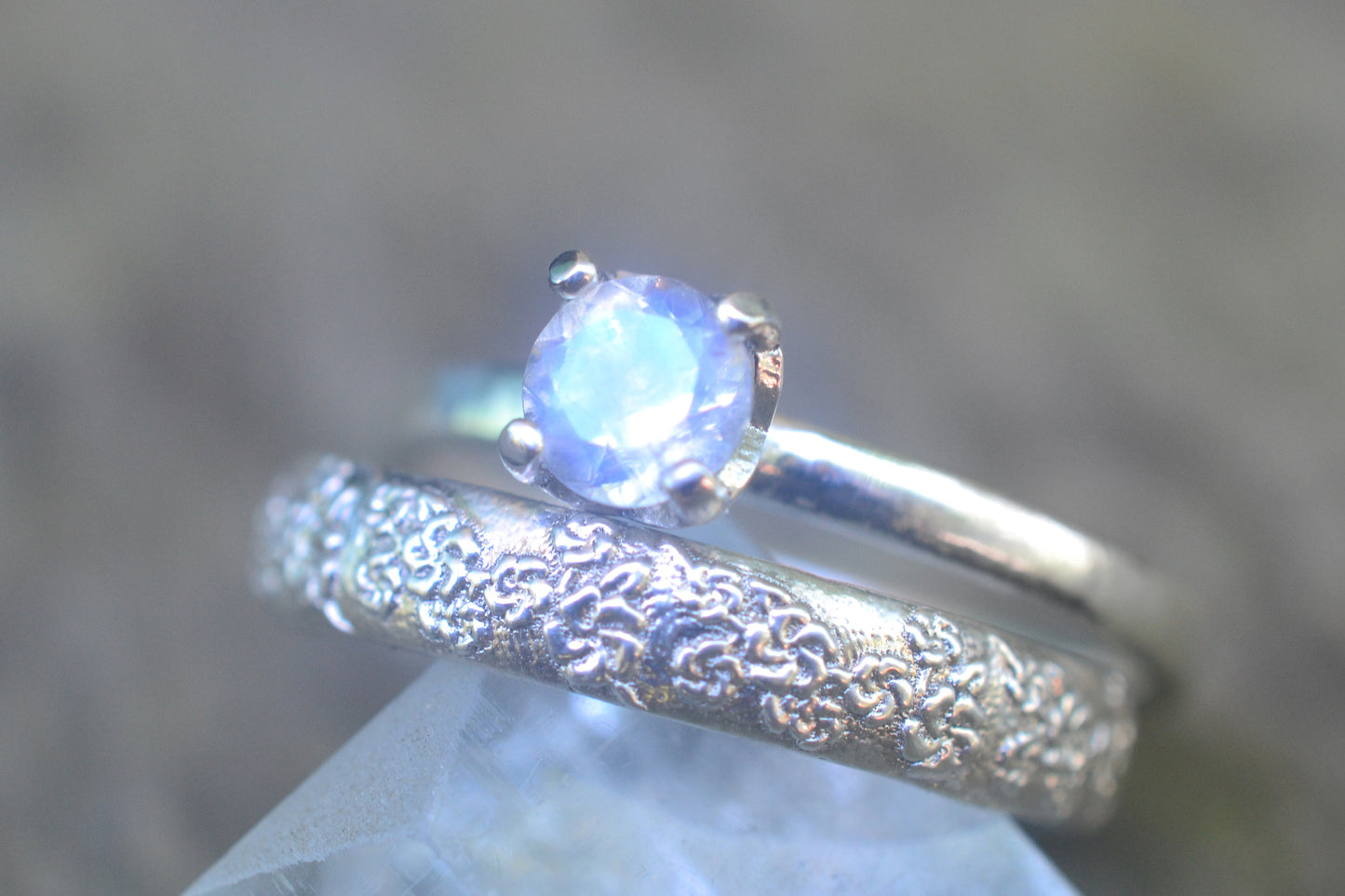 Simple Rainbow Moonstone Bridal Ring Set in Silver