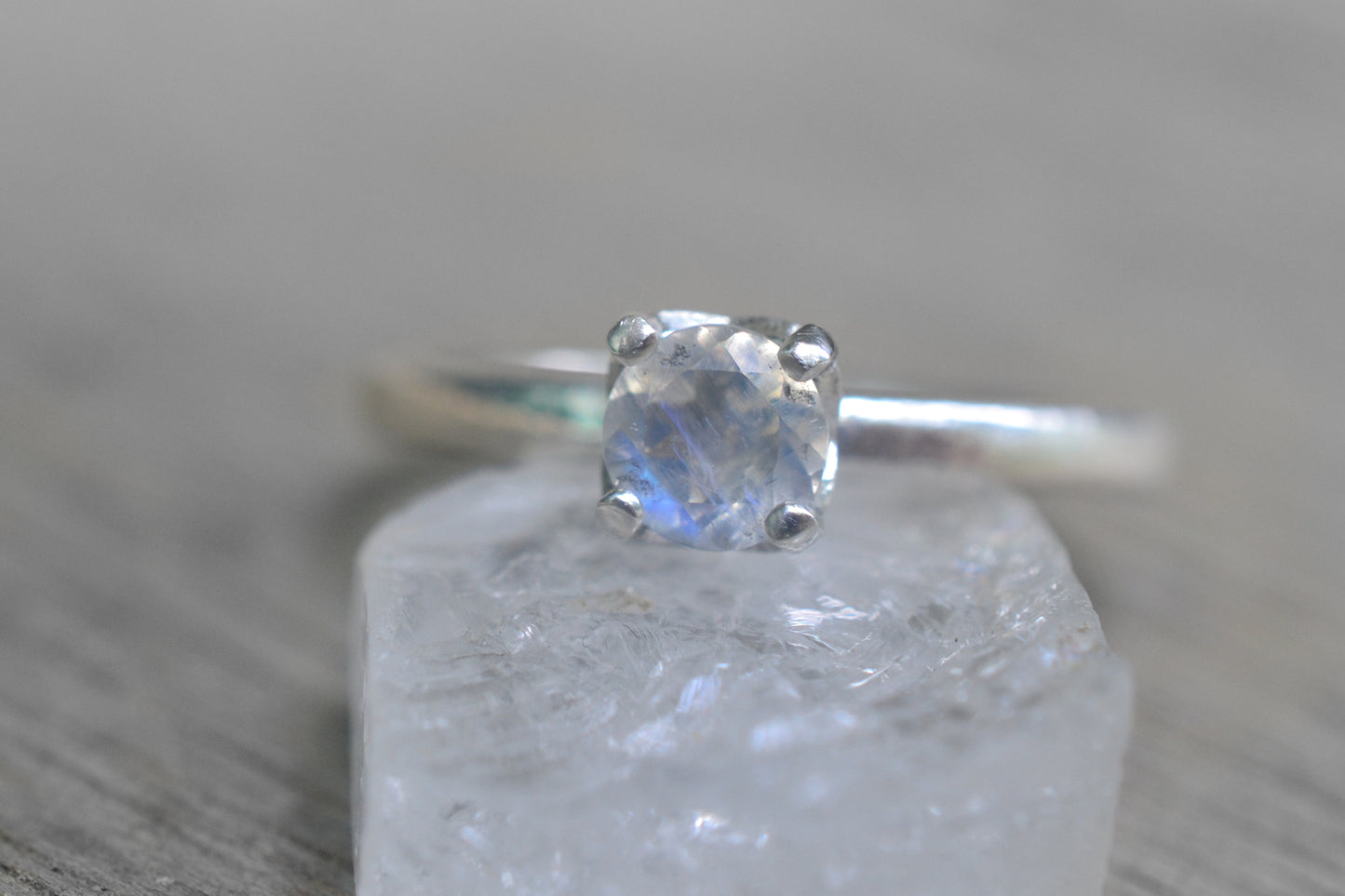 Round Faceted Rainbow Moonstone Ring