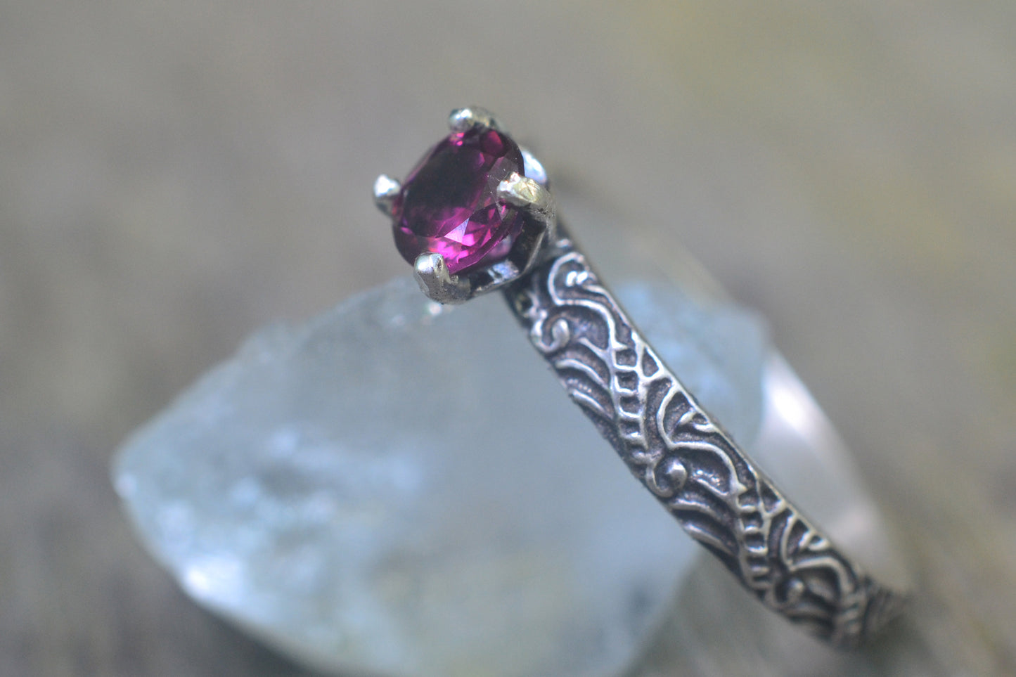 Purple Garnet Ring in Oxidised Silver Scroll Band