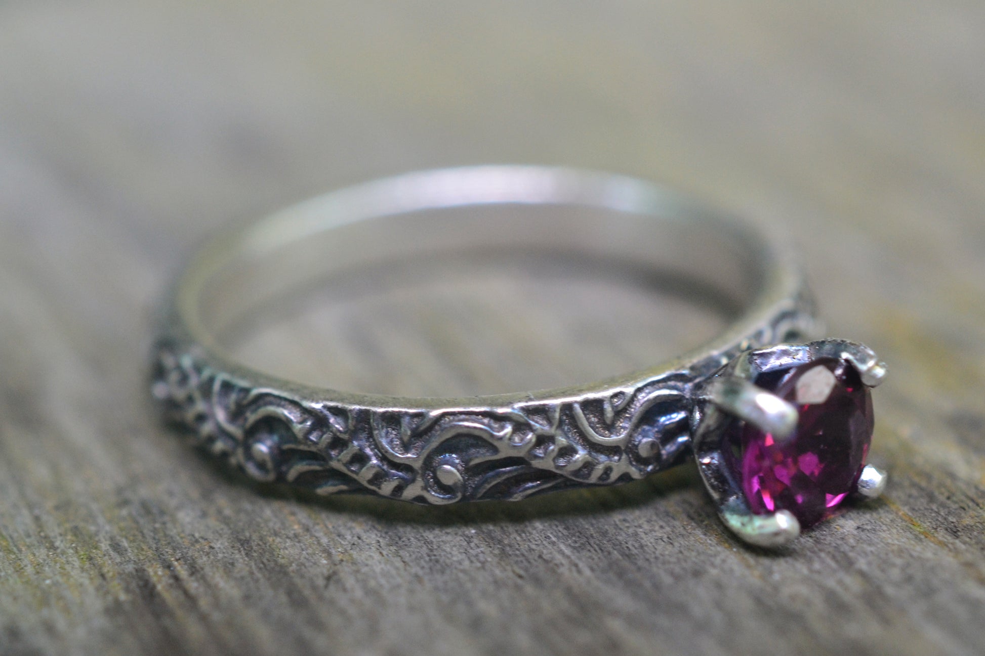Baroque Style Scroll Ring With Purple Garnet
