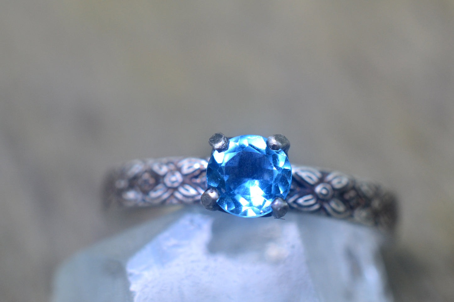 Swiss Blue Topaz Engagement Ring in Oxidised Silver