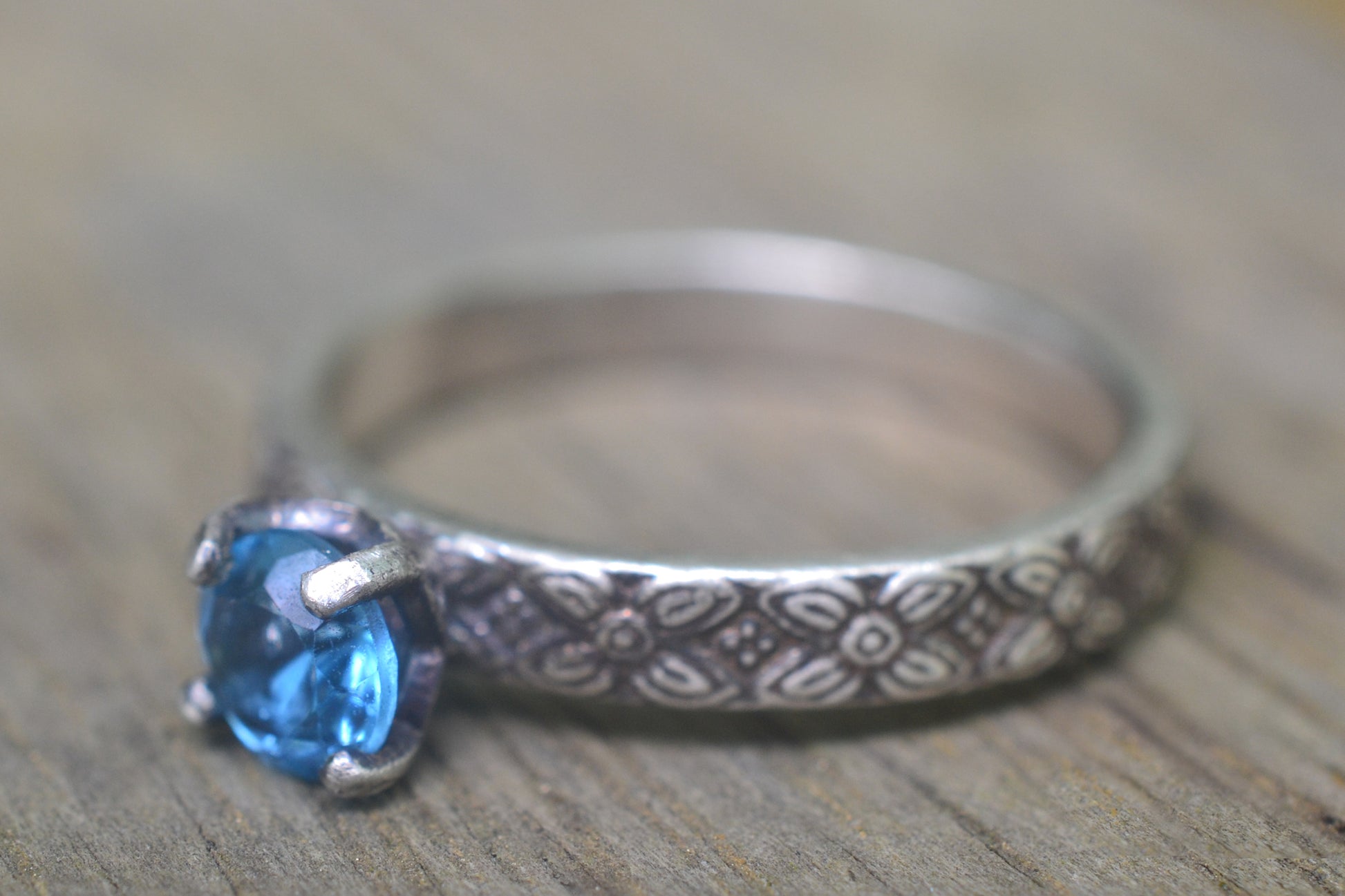 Oxidised Floral Silver Swiss Blue Topaz Ring