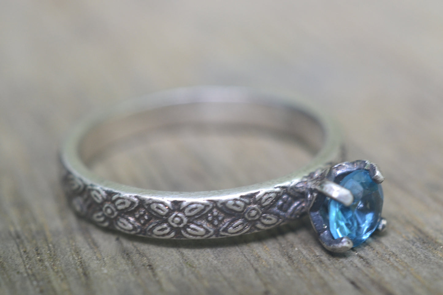 Oxidised Floral Silver Swiss Blue Topaz Ring