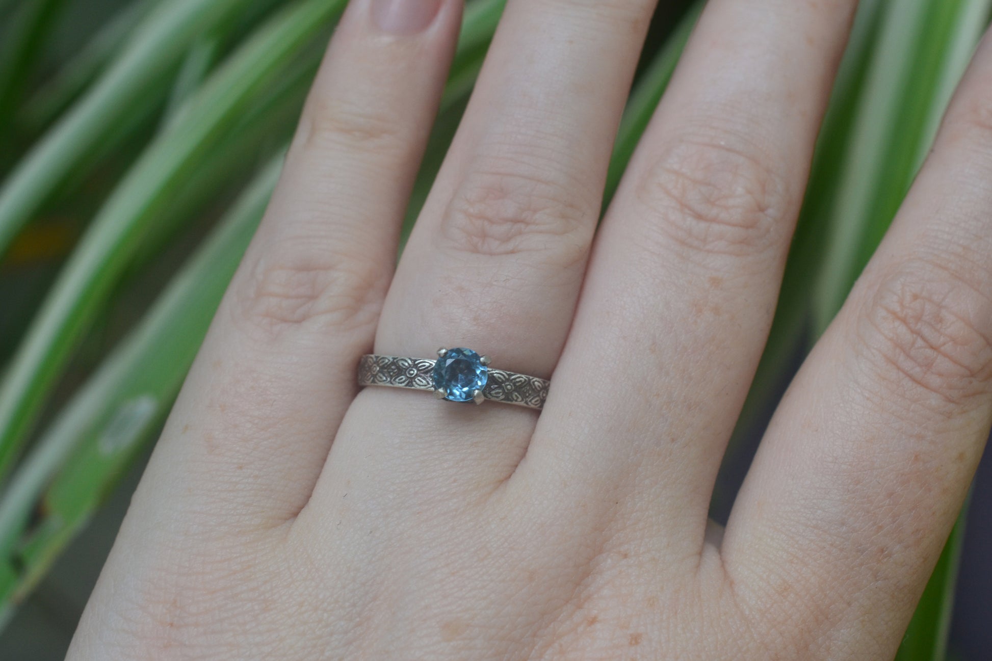 Blue Topaz Poesy Engagement Ring in Oxidised Silver
