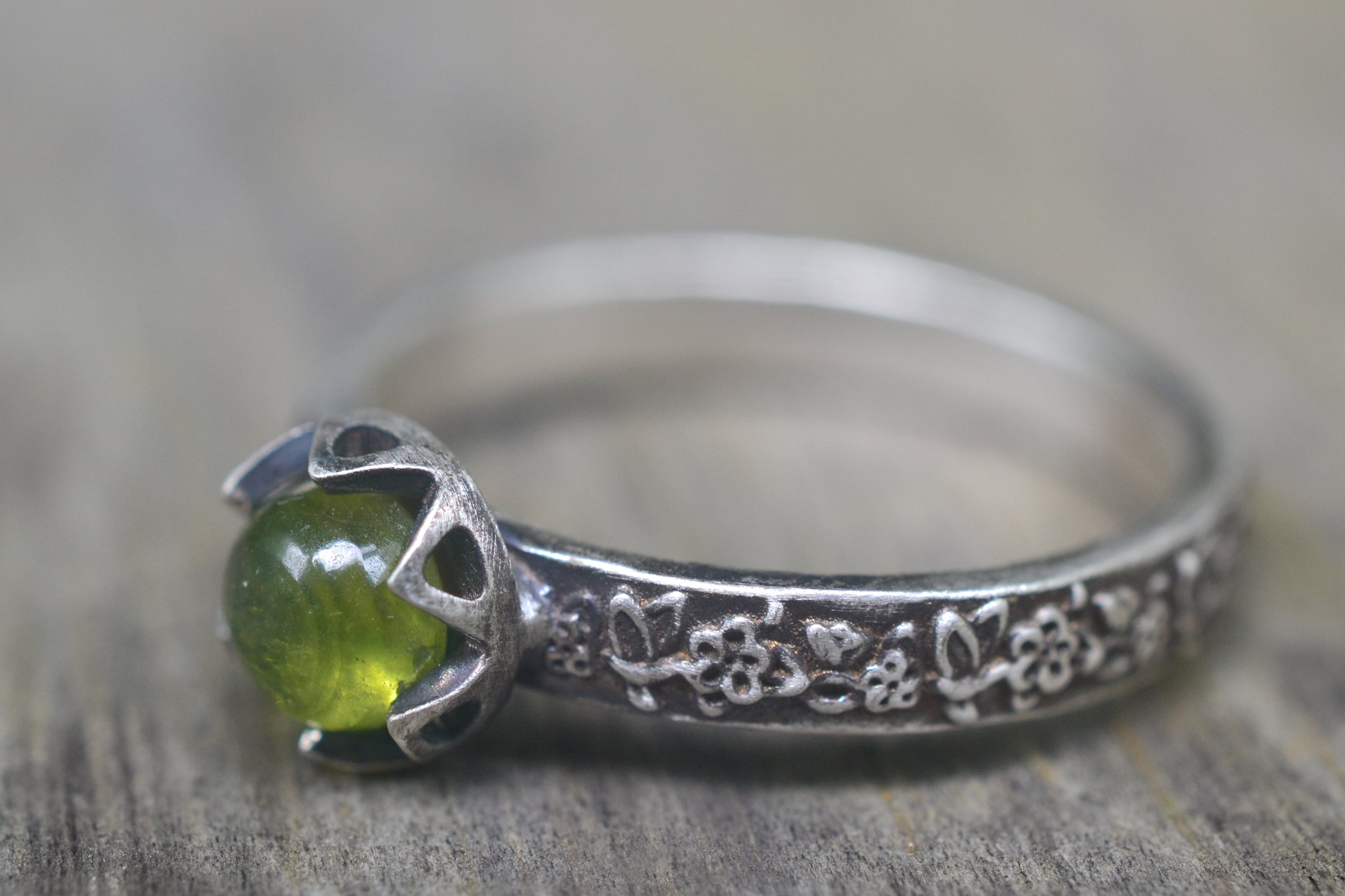 Oxidised Silver Rose Leaf Ring With Green Stone
