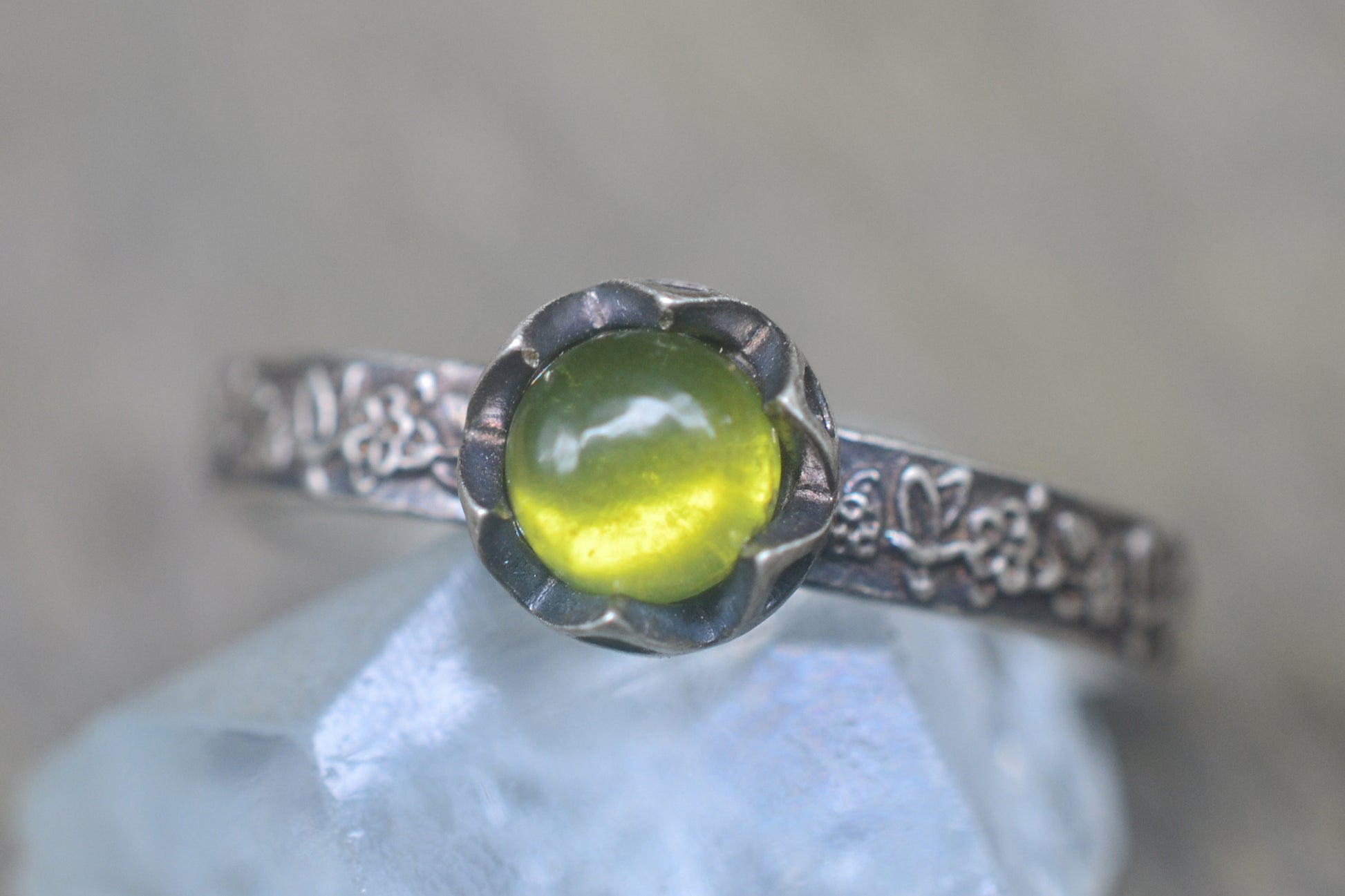 Unique Rose Ring With Forest Green Gemstone