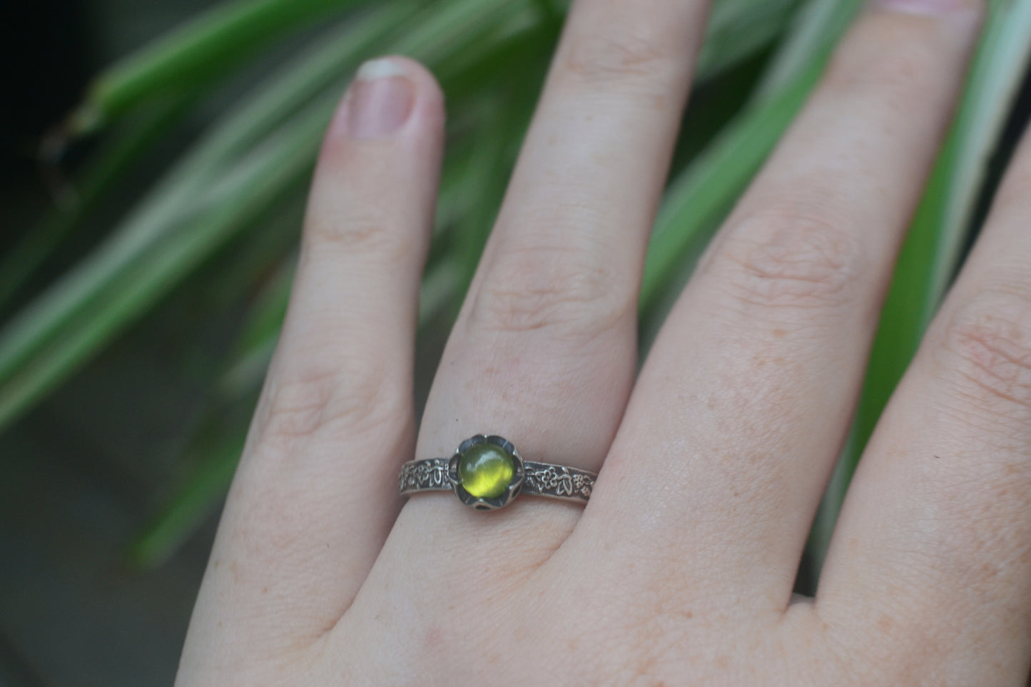 Rose Leaf Poesy Ring With Green Cabochon