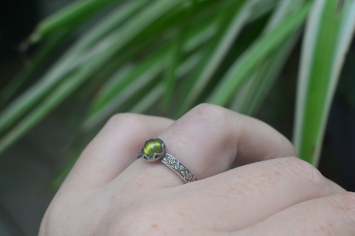 Natural Vesuvianite Rose & Leaf Promise Ring