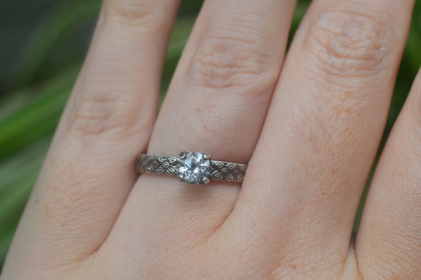 Oxidised Silver Flower Ring With White Topaz