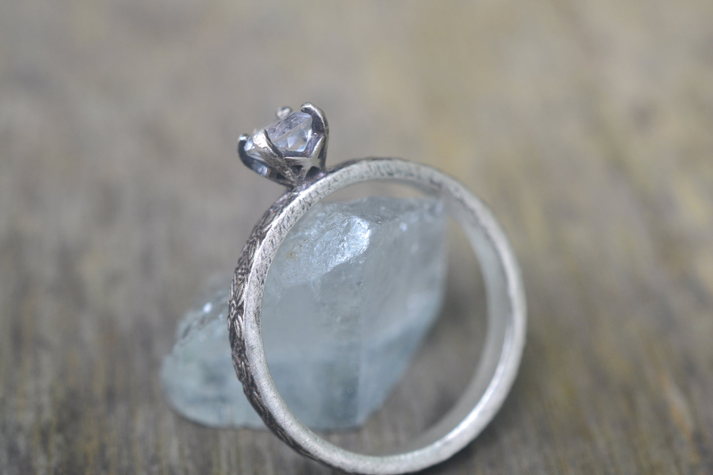 5mm Claw Set White Topaz Ring in Oxidised Sterling