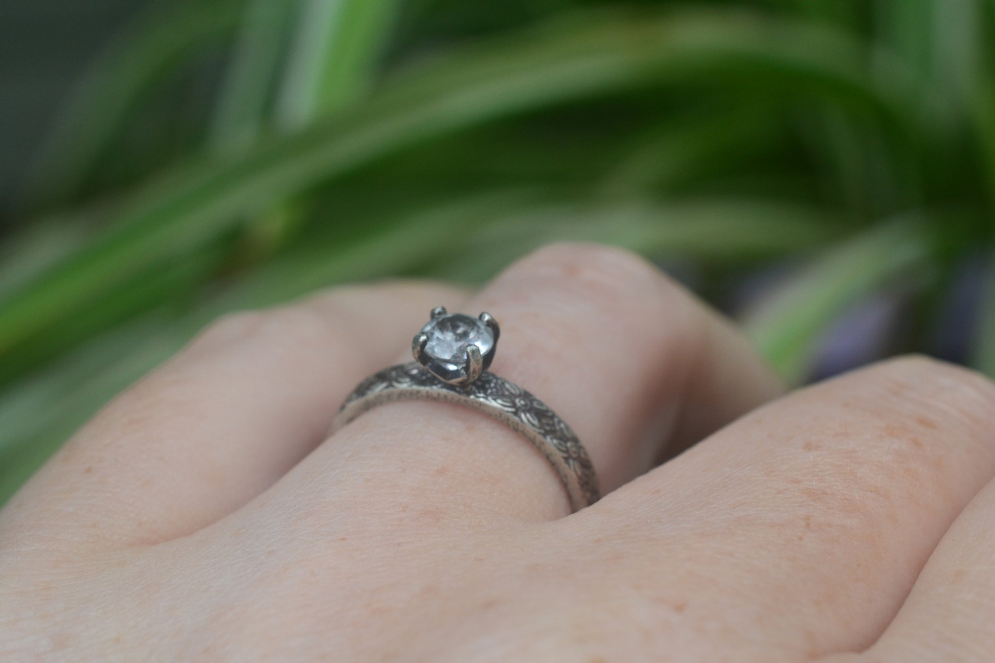 White Topaz Poesy Engagement Ring in Silver