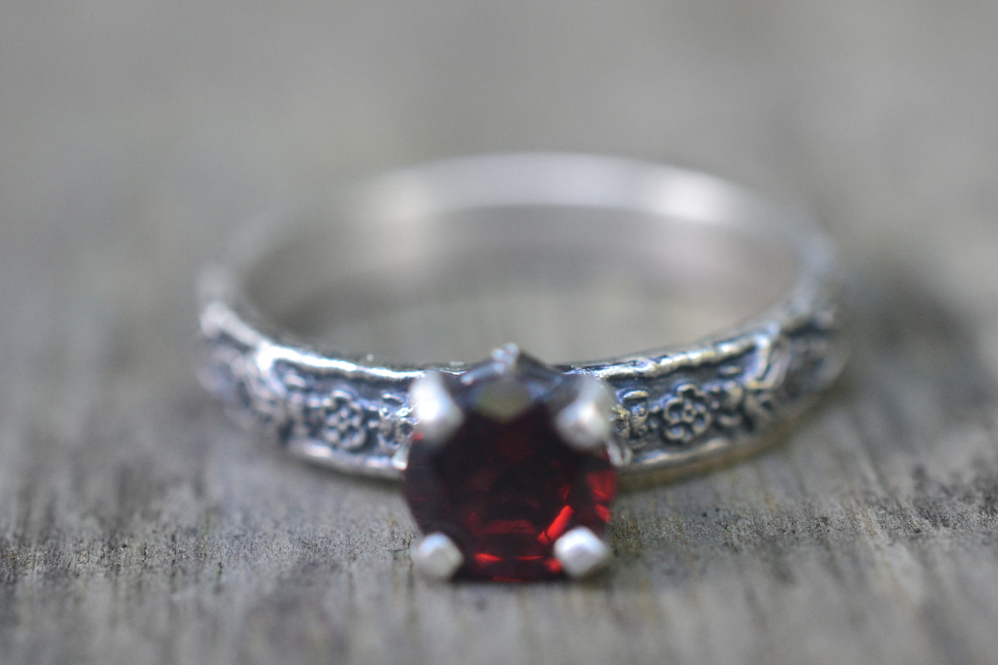 Natural Garnet Solitaire Ring With Honeybee Band