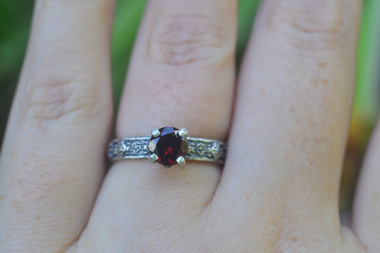 Gothic Silver Bee Ring With Red Garnet