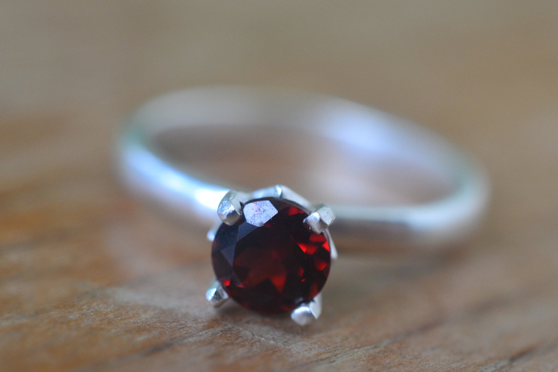 Womens Simple Silver & Garnet Engagement Ring