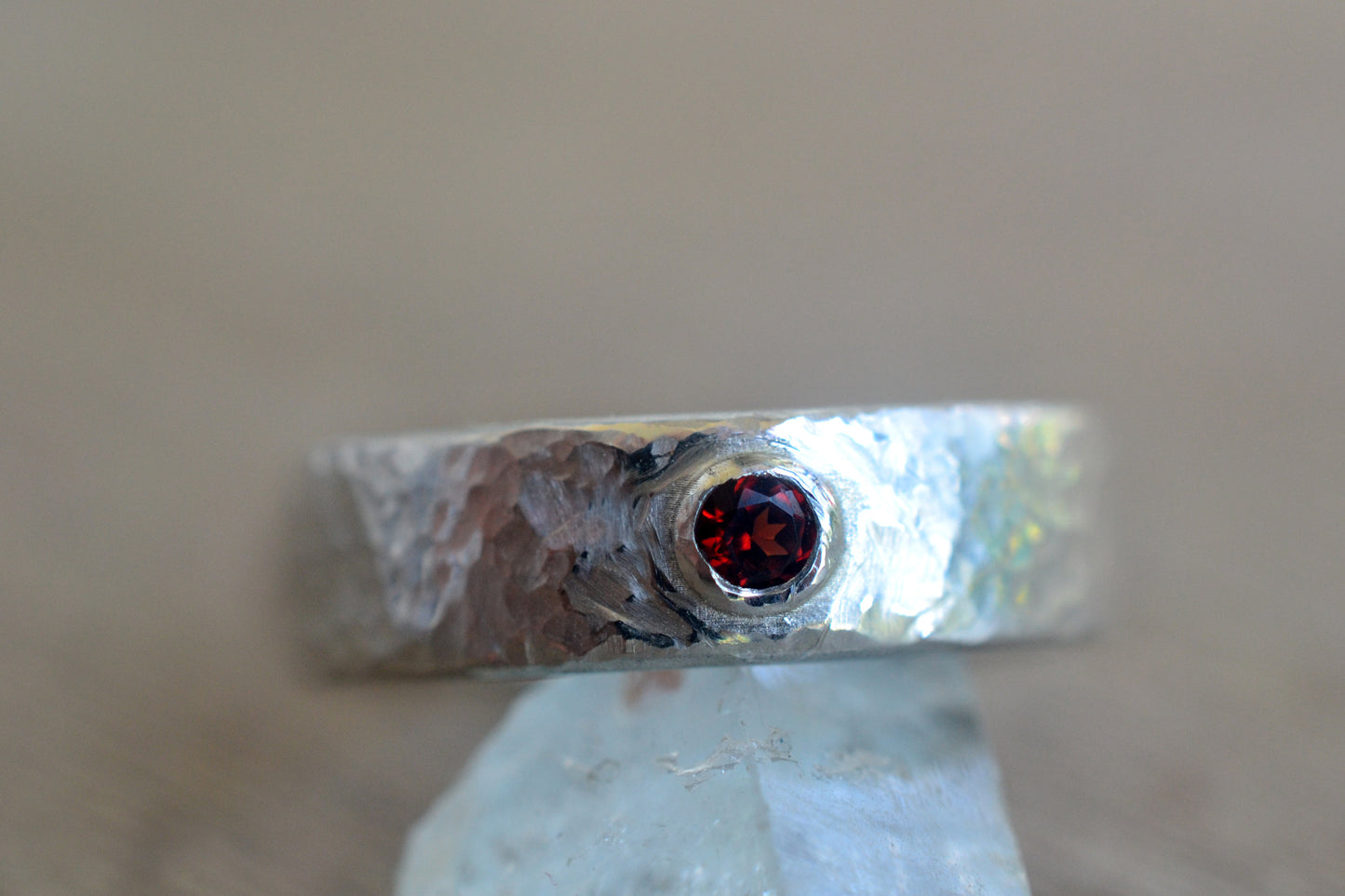 Hammered Silver Ring With Tube Set Red Stone