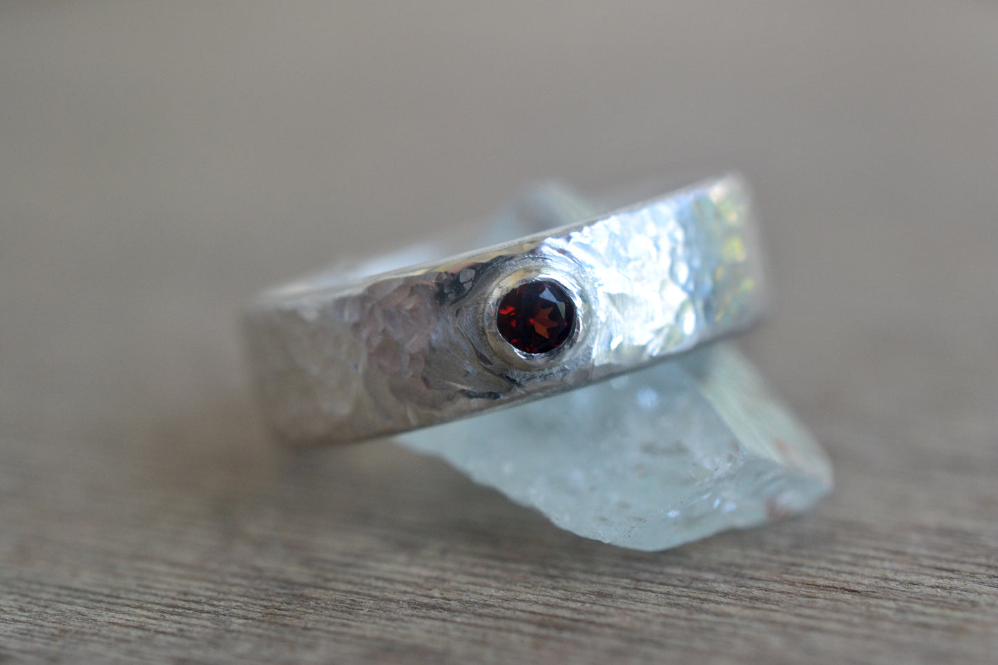 3mm Garnet Ring With Wide Hammered Band