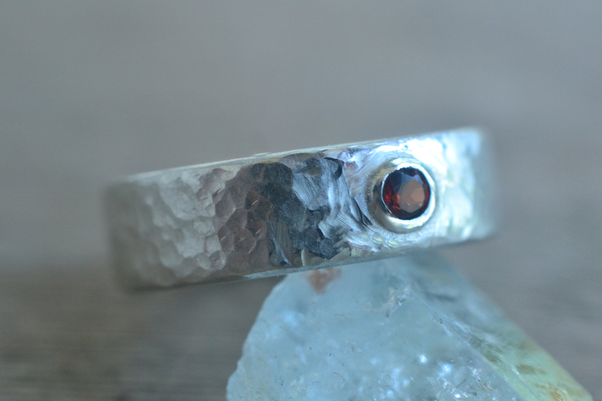 Hammered Silver Wedding Band With Inset Stone