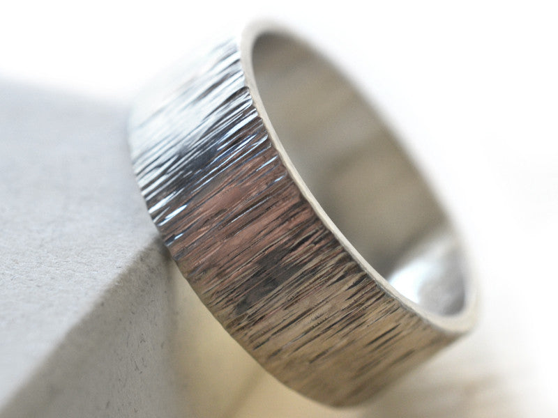 8mm Wide Shiny Silver Tree Bark Wedding Band for Men