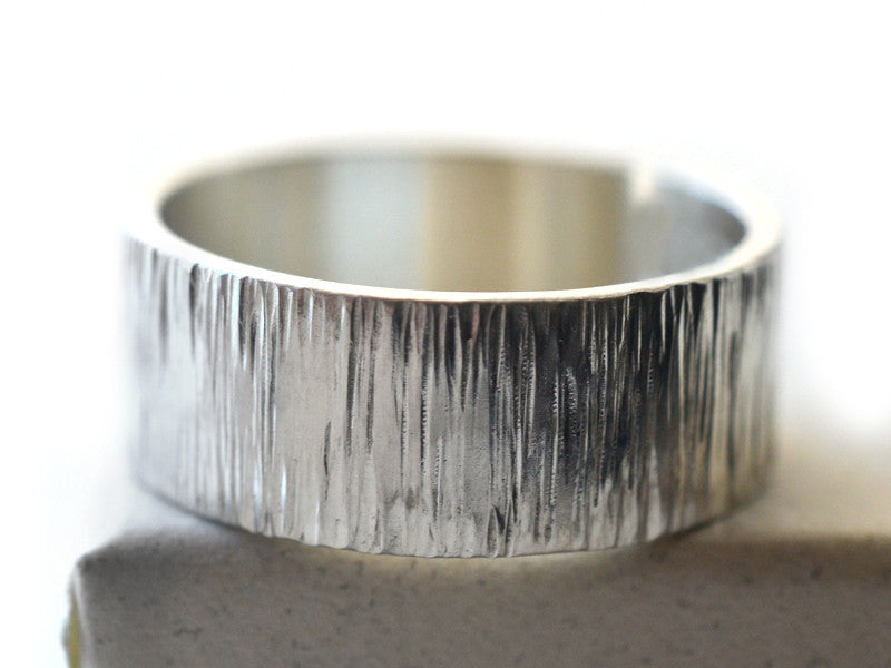 8mm Wide Handmade Silver Birch Bark Wedding Ring