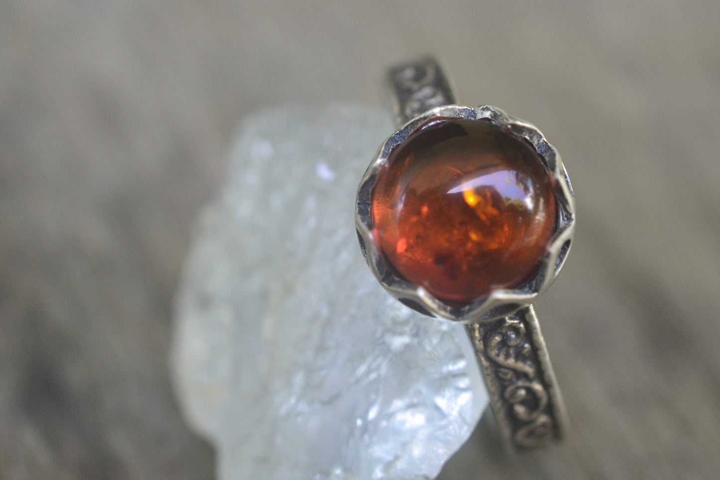 Natural Amber Gemstone Ring in Oxidised Silver