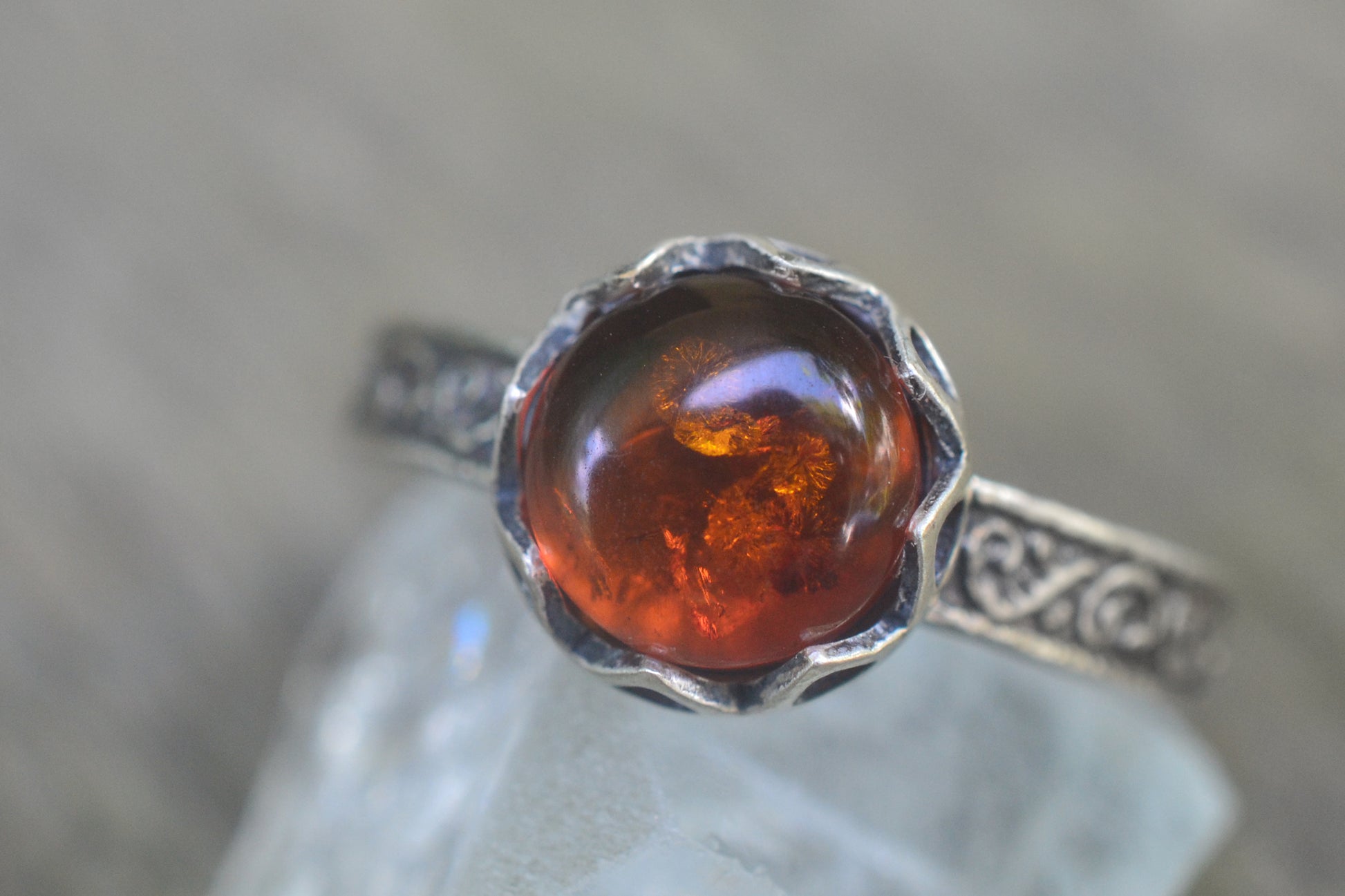 8mm Round Amber Cabochon Ring in Silver