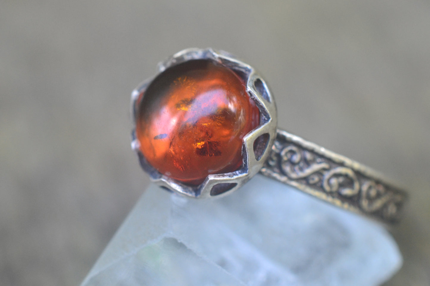 Gothic Amber Ring in Oxidised Silver