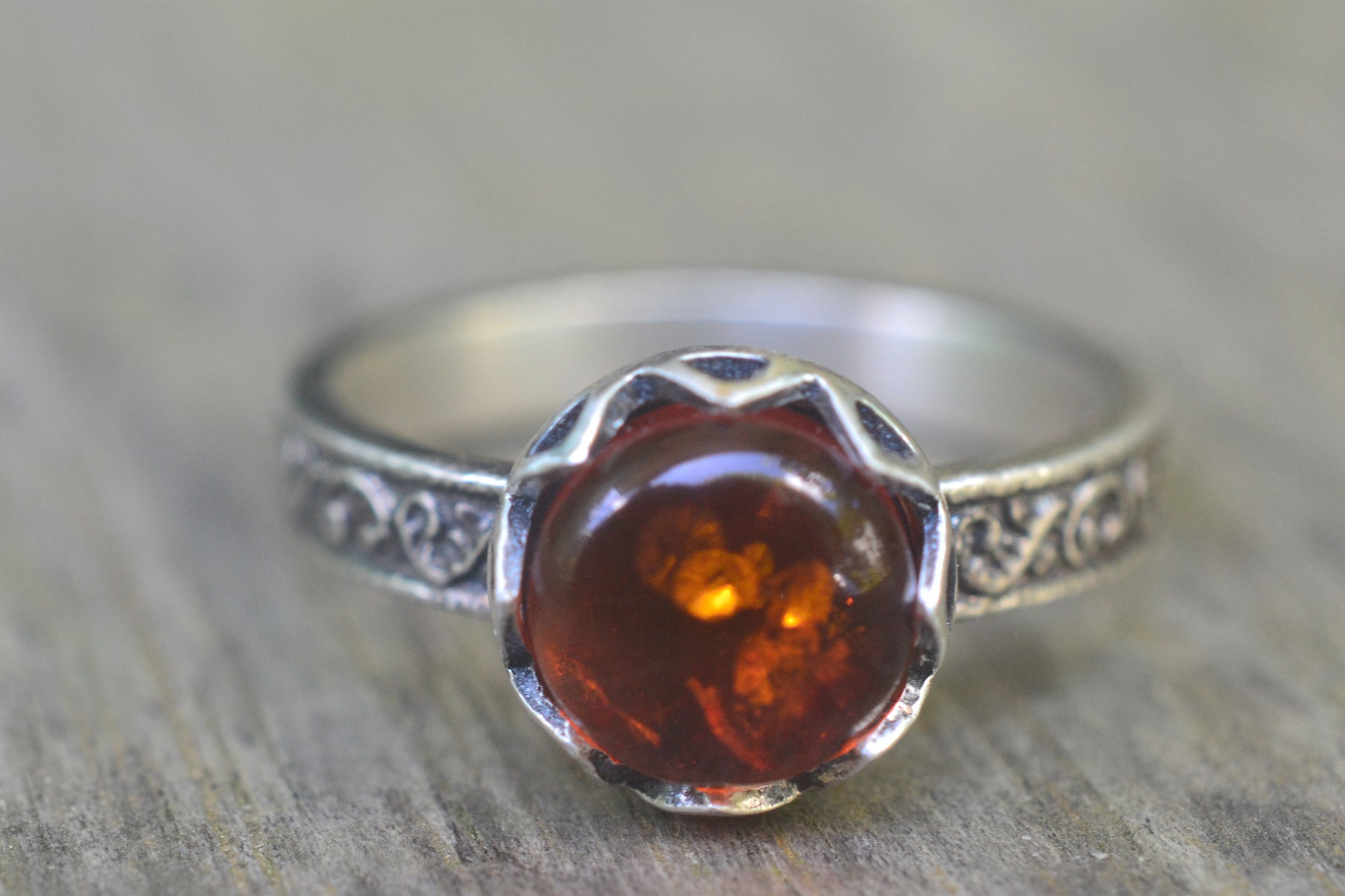 Oxidised Sterling Silver 8mm Baltic Amber Ring