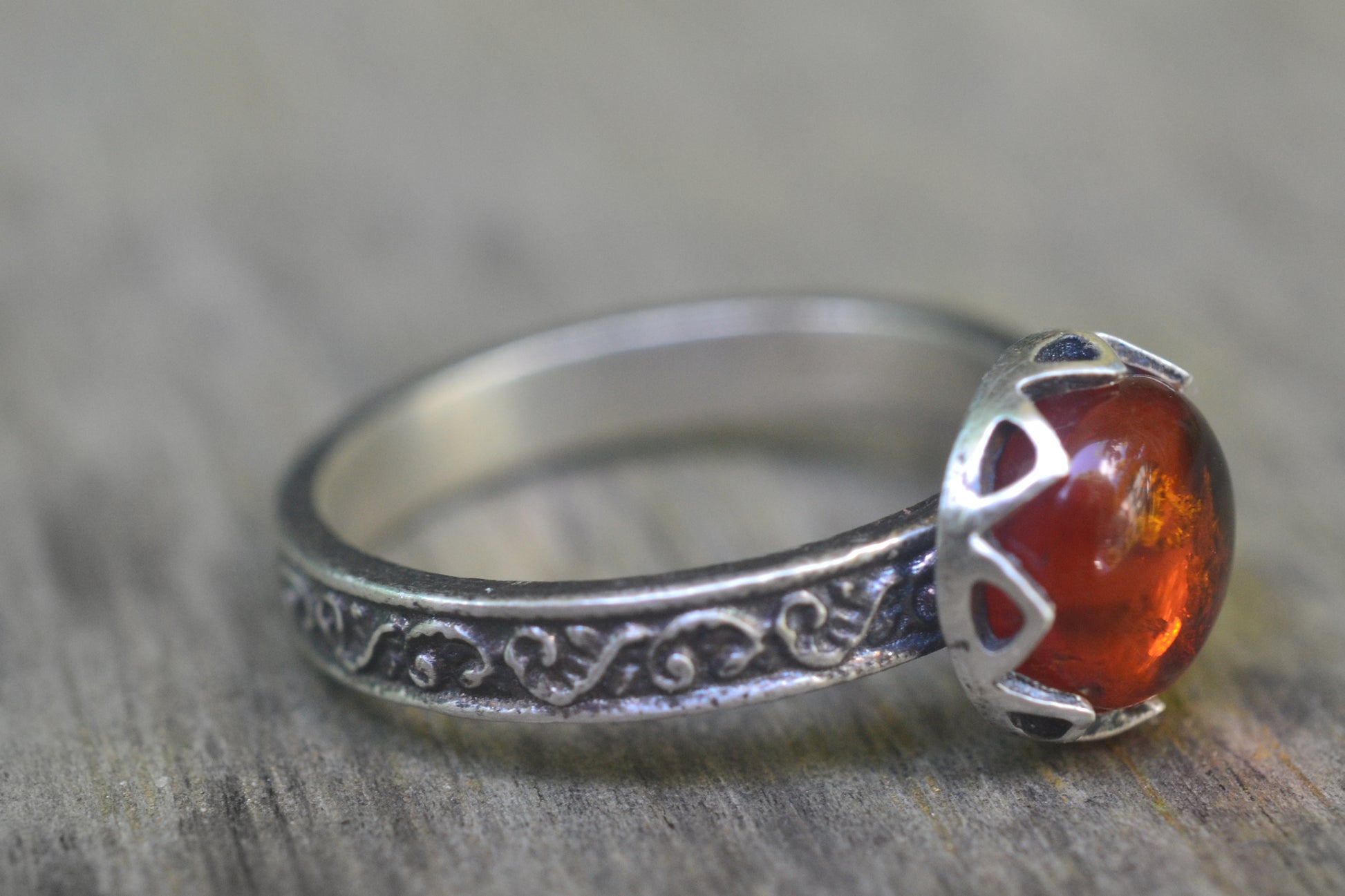 Bezel Set Amber Cabochon Ring in Silver