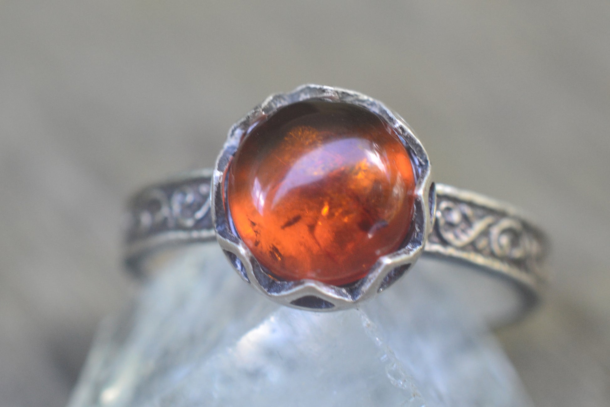 Renaissance Style Baltic Amber Ring in Silver