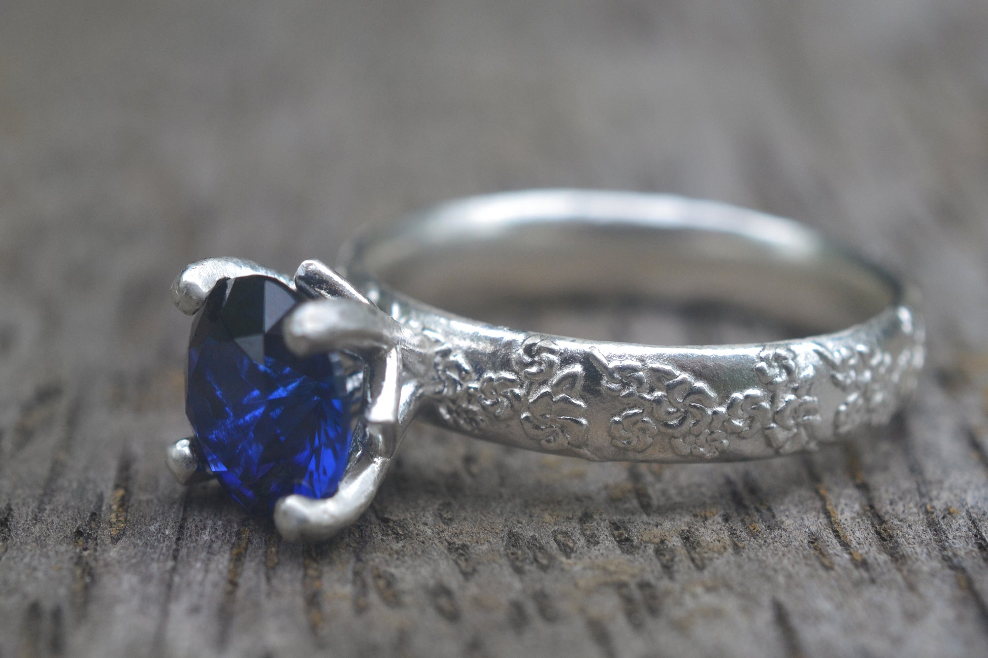 Blue Sapphire Engagement Ring, Large Stone, Art Nouveau Flower